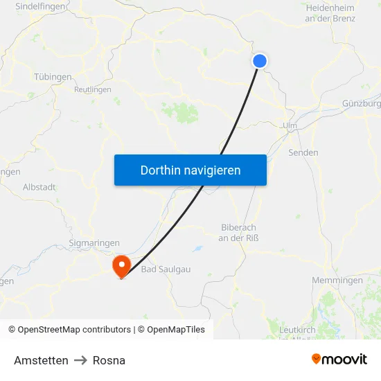 Amstetten to Rosna map