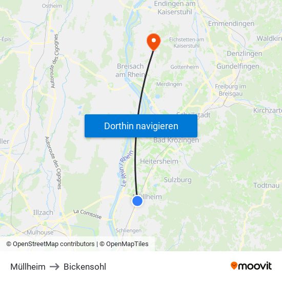 Müllheim to Bickensohl map