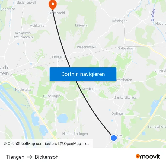 Tiengen to Bickensohl map