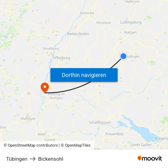 Tübingen to Bickensohl map