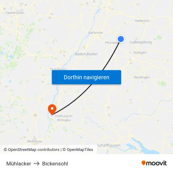 Mühlacker to Bickensohl map