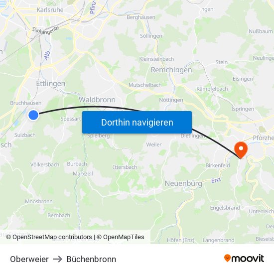 Oberweier to Büchenbronn map