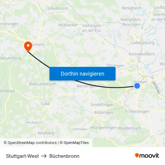 Stuttgart-West to Büchenbronn map