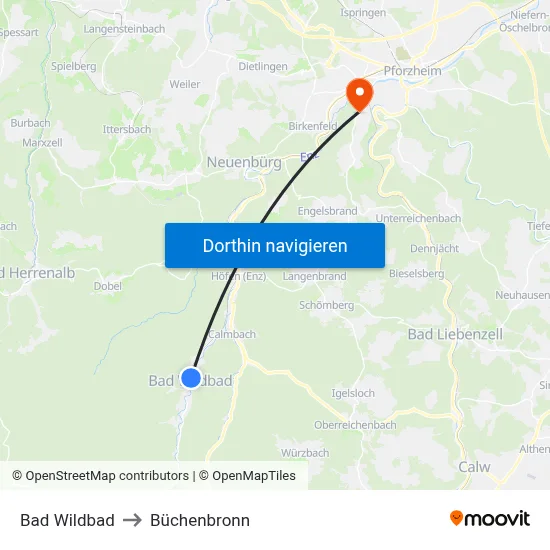 Bad Wildbad to Büchenbronn map
