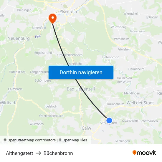 Althengstett to Büchenbronn map