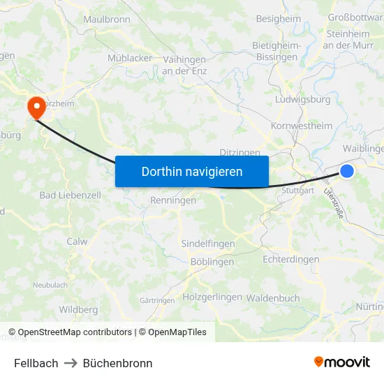 Fellbach to Büchenbronn map