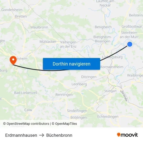 Erdmannhausen to Büchenbronn map