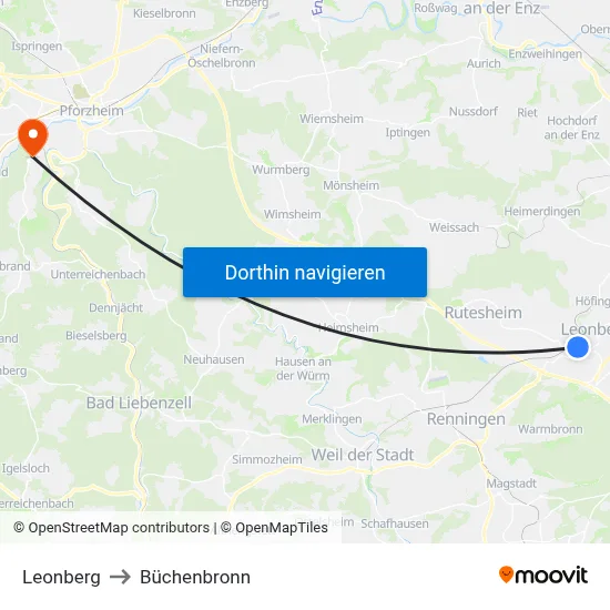 Leonberg to Büchenbronn map