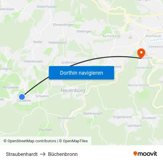 Straubenhardt to Büchenbronn map