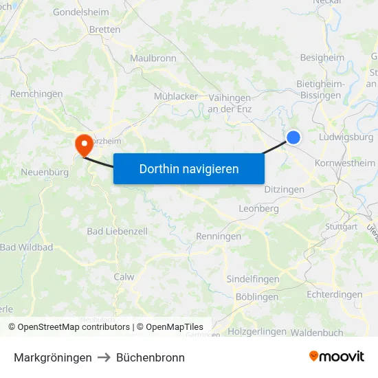 Markgröningen to Büchenbronn map