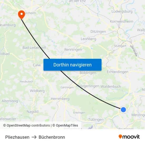 Pliezhausen to Büchenbronn map