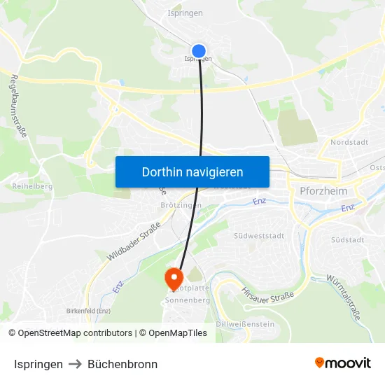 Ispringen to Büchenbronn map