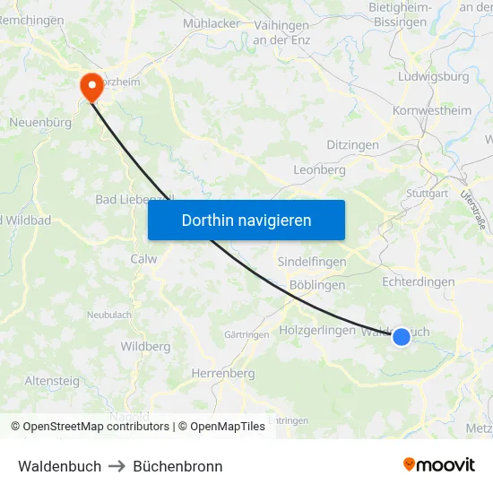 Waldenbuch to Büchenbronn map