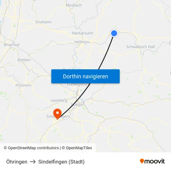 Öhringen to Sindelfingen (Stadt) map