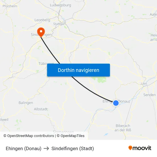 Ehingen (Donau) to Sindelfingen (Stadt) map