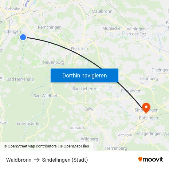 Waldbronn to Sindelfingen (Stadt) map