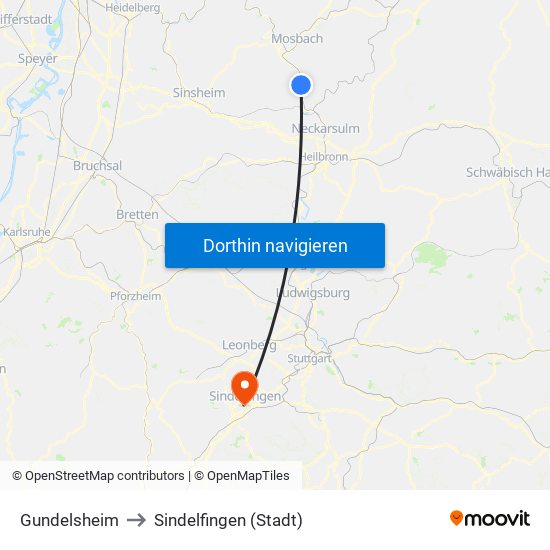 Gundelsheim to Sindelfingen (Stadt) map