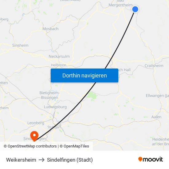 Weikersheim to Sindelfingen (Stadt) map