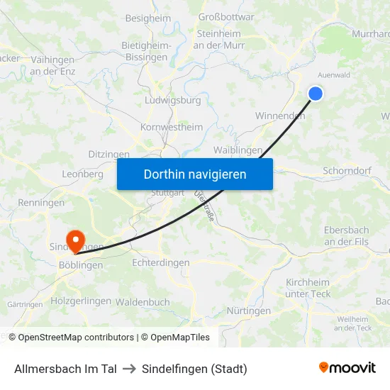 Allmersbach Im Tal to Sindelfingen (Stadt) map