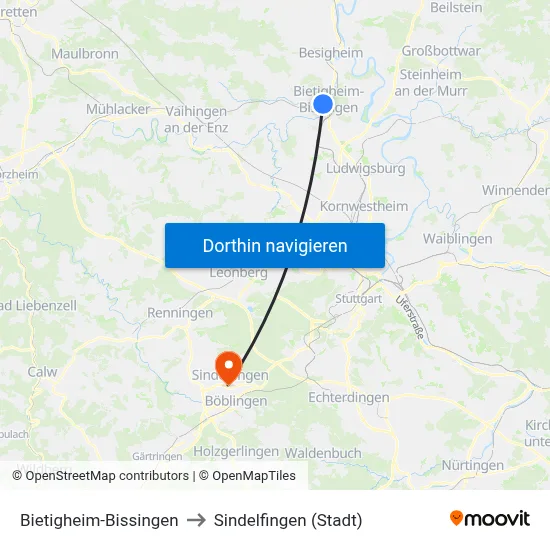 Bietigheim-Bissingen to Sindelfingen (Stadt) map
