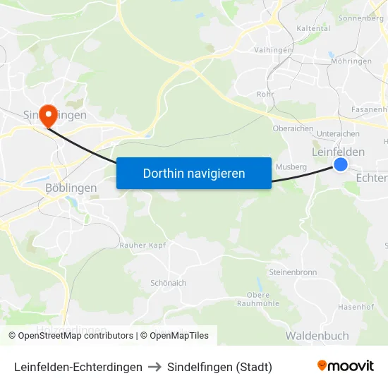 Leinfelden-Echterdingen to Sindelfingen (Stadt) map