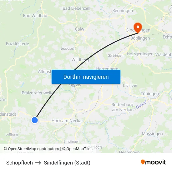 Schopfloch to Sindelfingen (Stadt) map