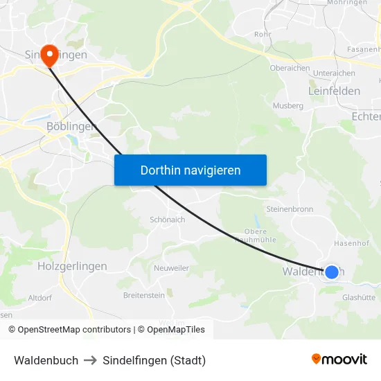 Waldenbuch to Sindelfingen (Stadt) map