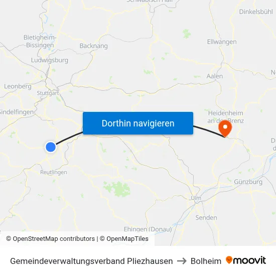 Gemeindeverwaltungsverband Pliezhausen to Bolheim map
