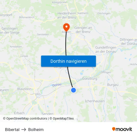 Bibertal to Bolheim map