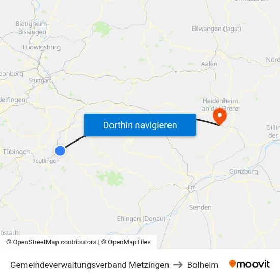 Gemeindeverwaltungsverband Metzingen to Bolheim map