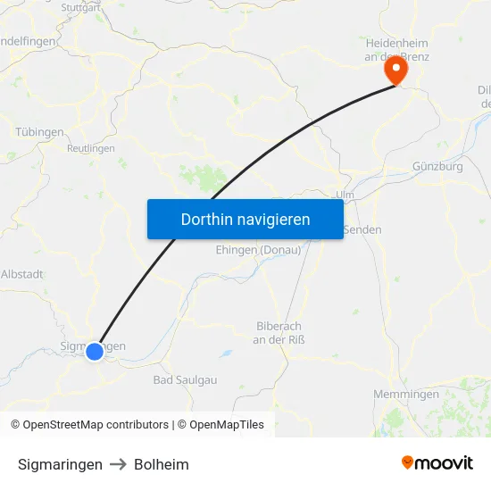Sigmaringen to Bolheim map