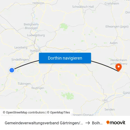 Gemeindeverwaltungsverband Gärtringen/Ehningen to Bolheim map