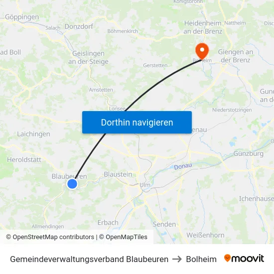 Gemeindeverwaltungsverband Blaubeuren to Bolheim map