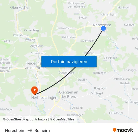 Neresheim to Bolheim map