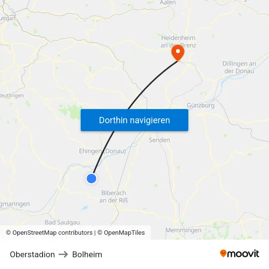 Oberstadion to Bolheim map