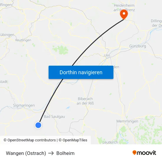 Wangen (Ostrach) to Bolheim map