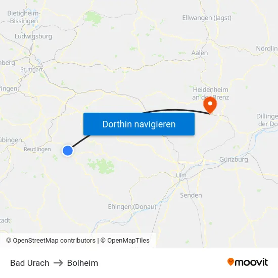Bad Urach to Bolheim map