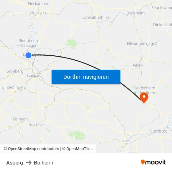 Asperg to Bolheim map