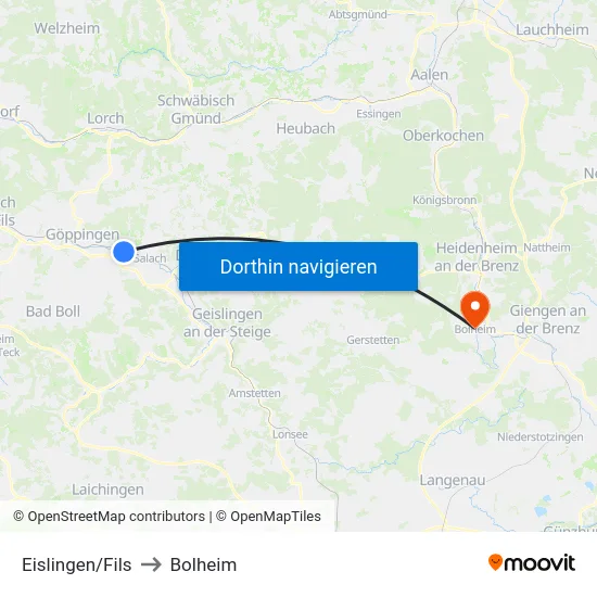 Eislingen/Fils to Bolheim map