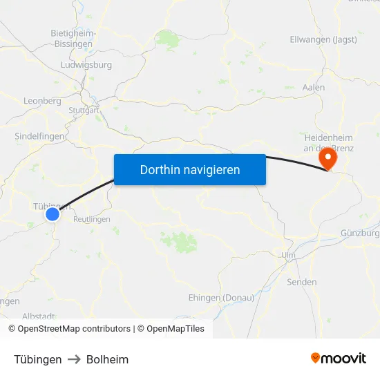 Tübingen to Bolheim map