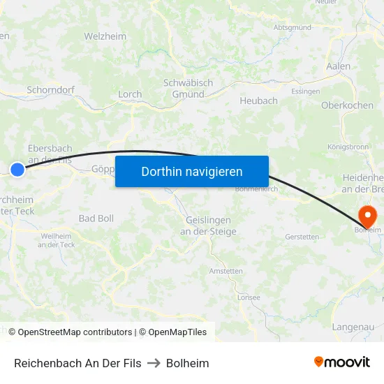 Reichenbach An Der Fils to Bolheim map