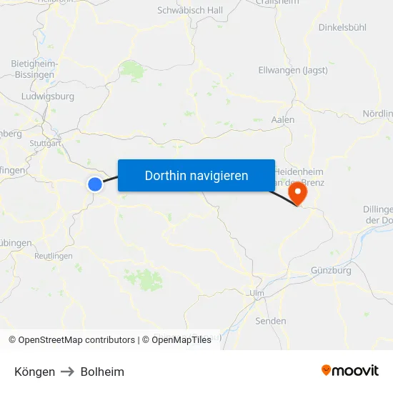 Köngen to Bolheim map