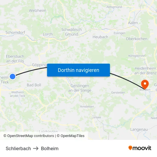 Schlierbach to Bolheim map