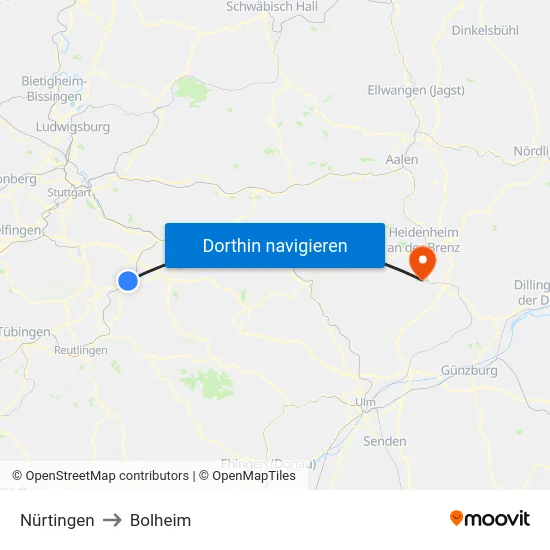 Nürtingen to Bolheim map