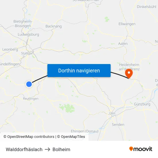 Walddorfhäslach to Bolheim map