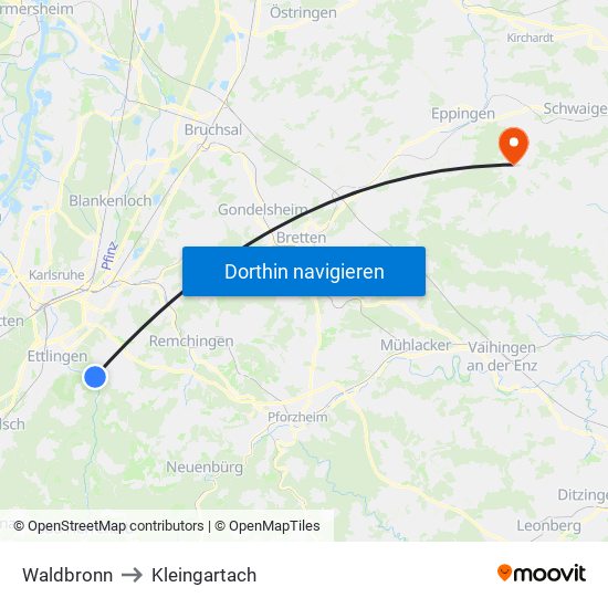Waldbronn to Kleingartach map
