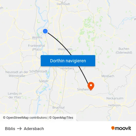 Biblis to Adersbach map
