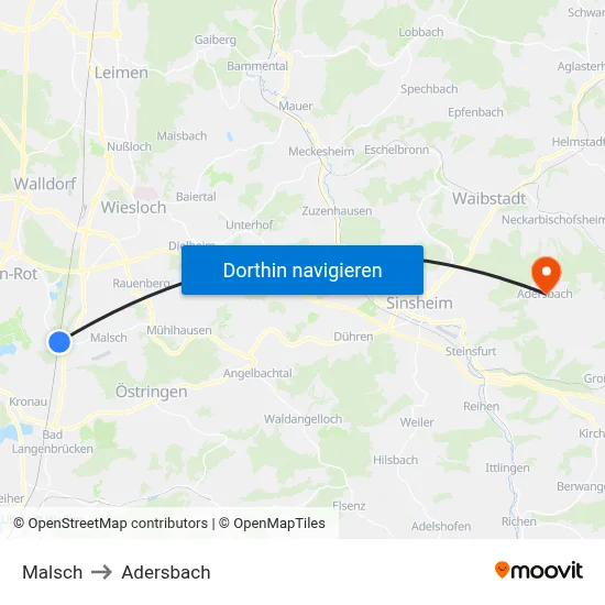 Malsch to Adersbach map