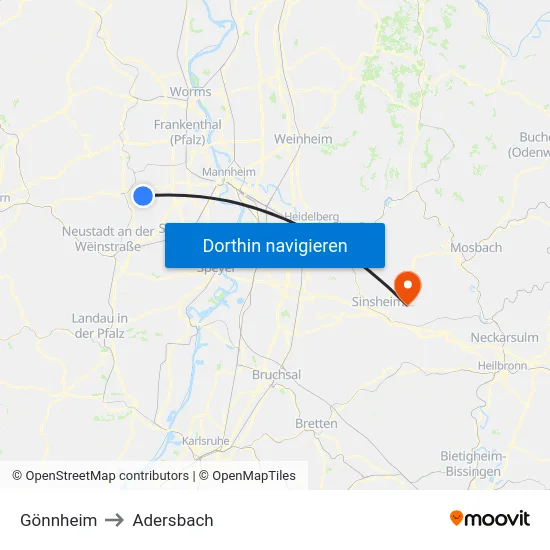 Gönnheim to Adersbach map
