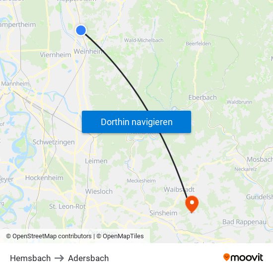 Hemsbach to Adersbach map